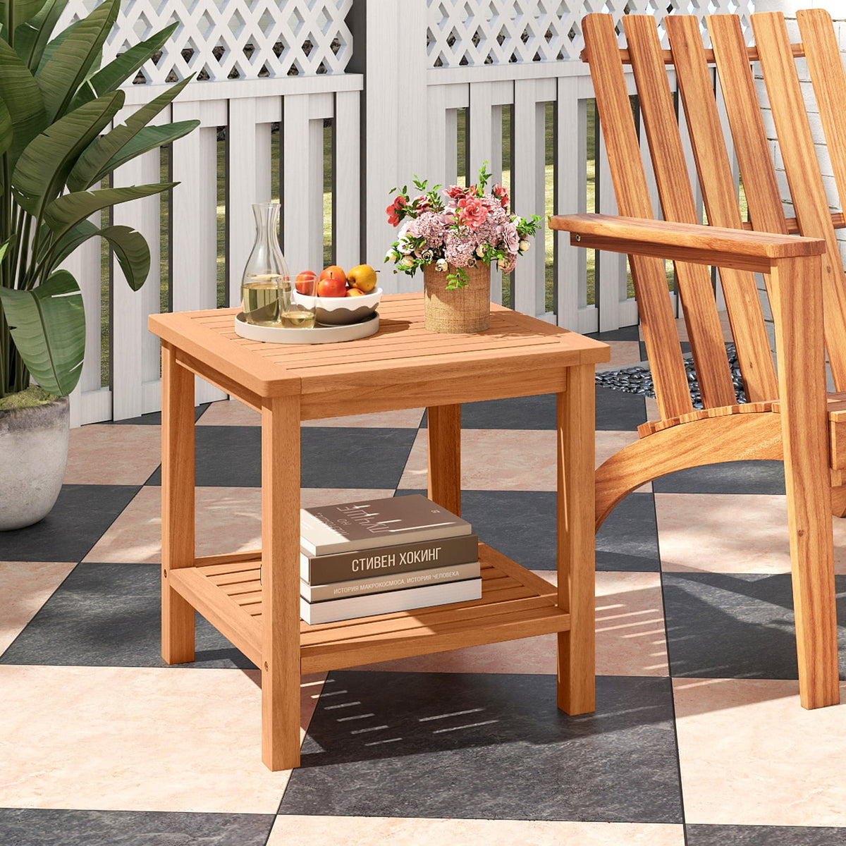 Patio Acacia Wood Side Table with Slatted Tabletop and Storage Shelf-End & Side Tables-DECOROLALA