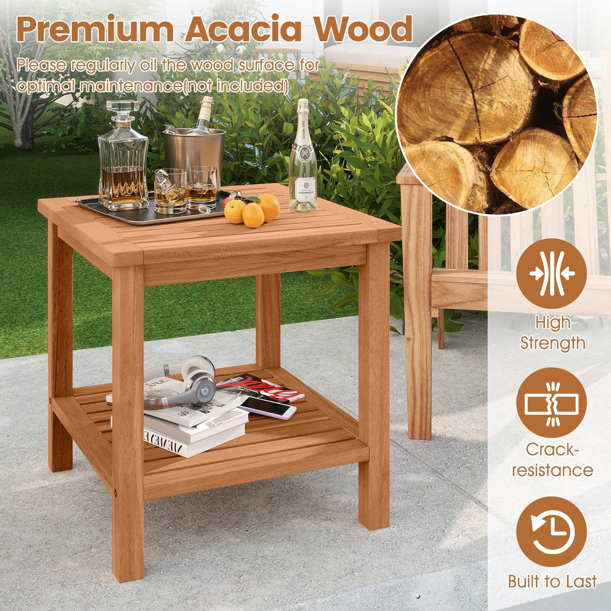 Patio Acacia Wood Side Table with Slatted Tabletop and Storage Shelf-End & Side Tables-DECOROLALA