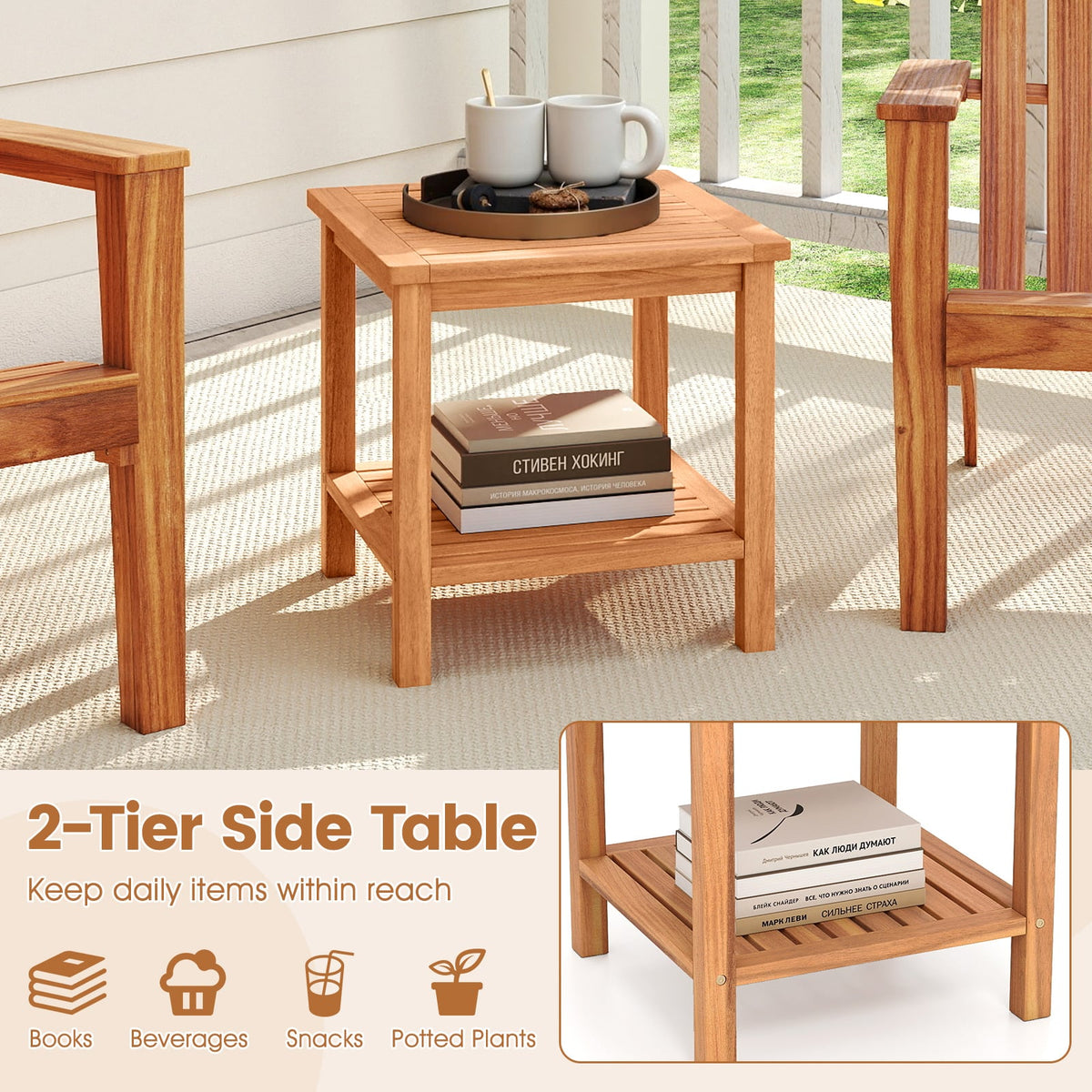 Patio Acacia Wood Side Table with Slatted Tabletop and Storage Shelf-End & Side Tables-DECOROLALA