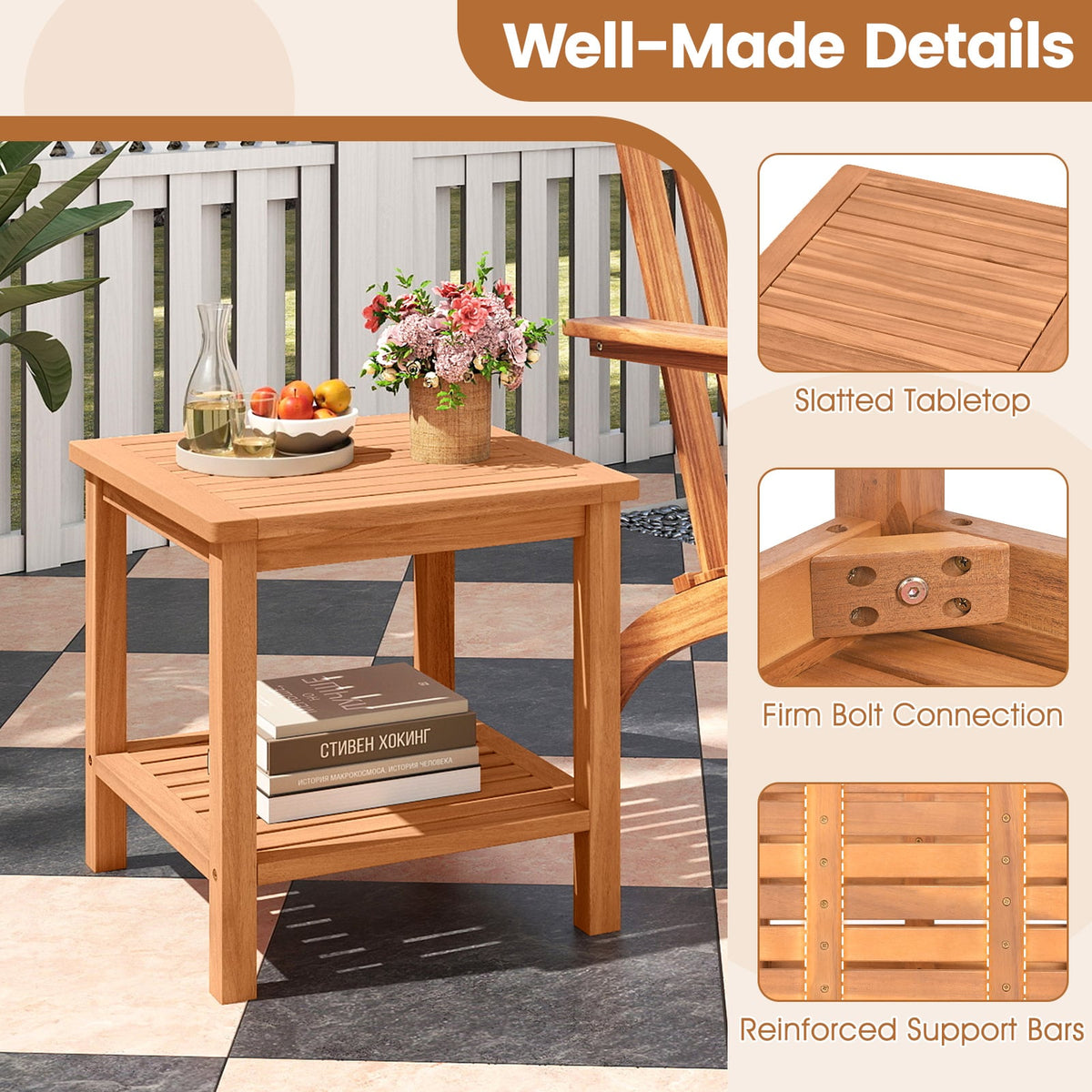 Patio Acacia Wood Side Table with Slatted Tabletop and Storage Shelf-End & Side Tables-DECOROLALA
