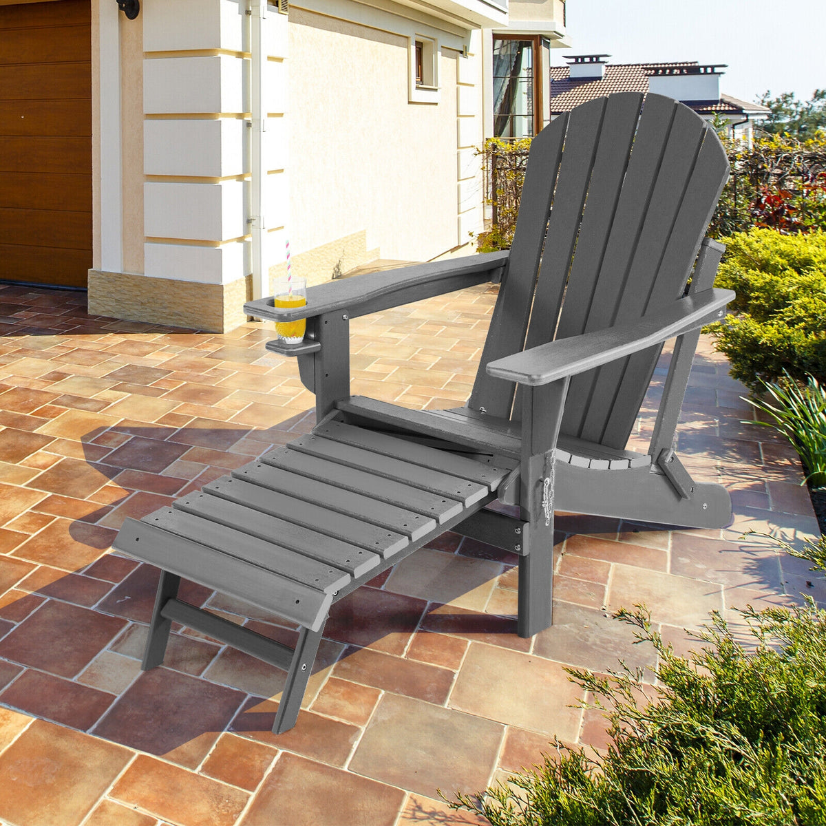 Patio All-Weather Folding Adirondack Chair with Pull-Out Ottoman-Gray-Adirondack Chairs-DECOROLALA