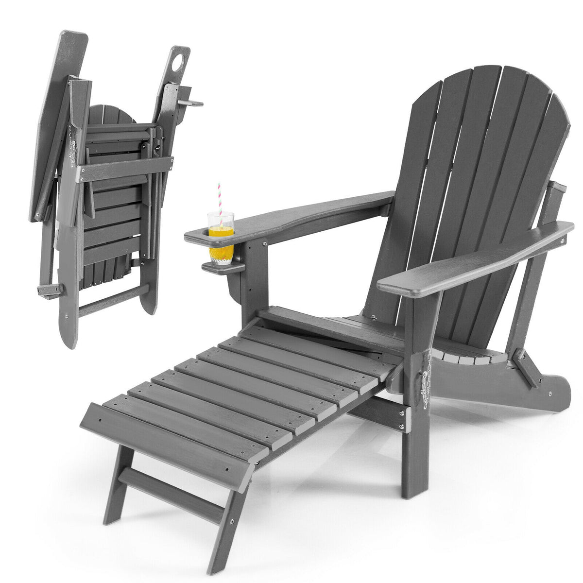 Patio All-Weather Folding Adirondack Chair with Pull-Out Ottoman-Gray-Adirondack Chairs-DECOROLALA