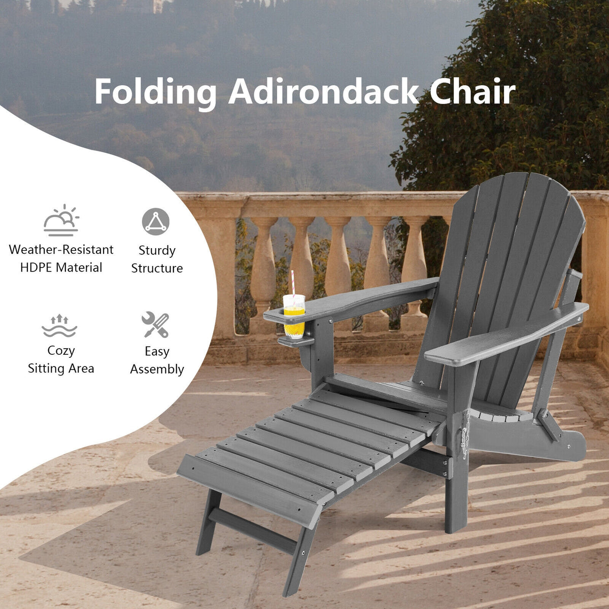 Patio All-Weather Folding Adirondack Chair with Pull-Out Ottoman-Gray-Adirondack Chairs-DECOROLALA