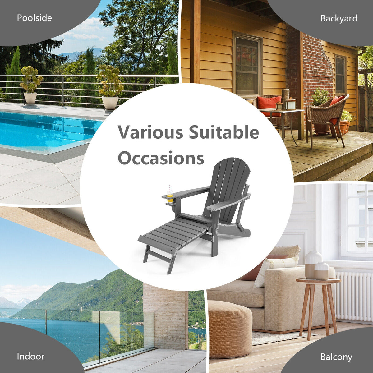Patio All-Weather Folding Adirondack Chair with Pull-Out Ottoman-Gray-Adirondack Chairs-DECOROLALA