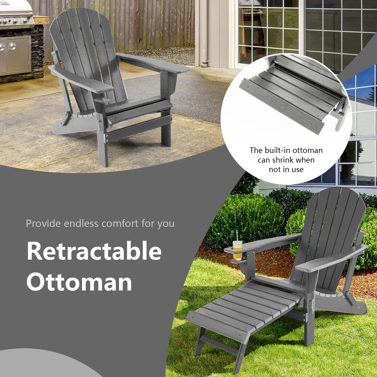 Patio All-Weather Folding Adirondack Chair with Pull-Out Ottoman-Gray-Adirondack Chairs-DECOROLALA