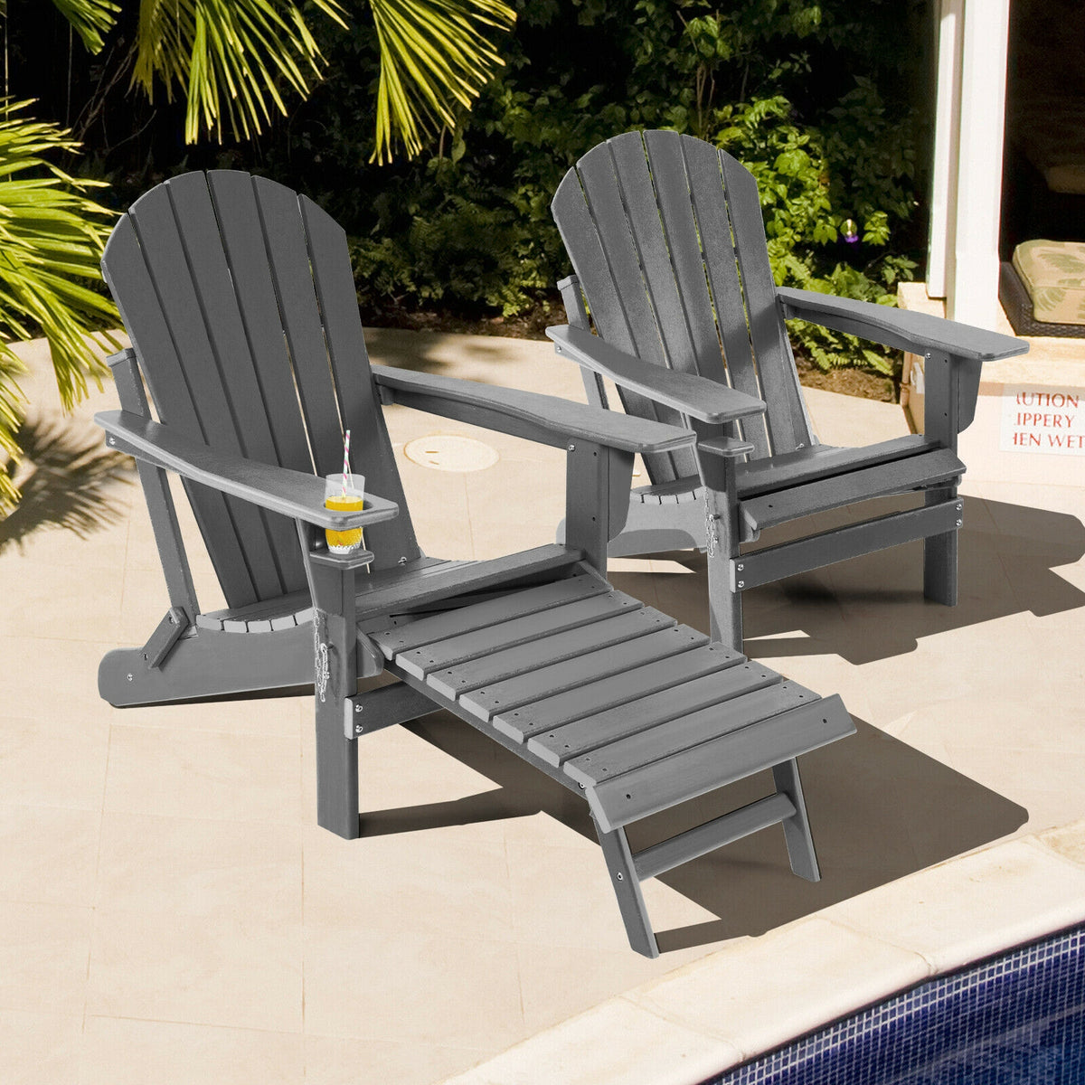 Patio All-Weather Folding Adirondack Chair with Pull-Out Ottoman-Gray-Adirondack Chairs-DECOROLALA