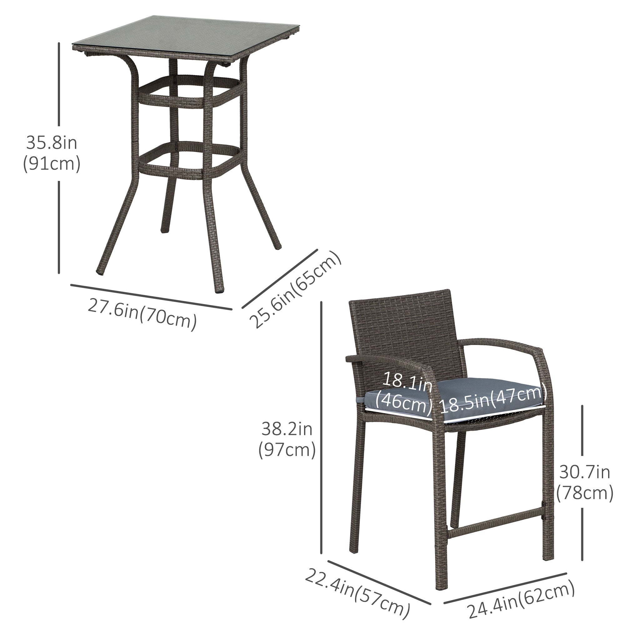 Patio Bar Set, 3-Piece Wicker Outdoor Furniture, Grey PE Rattan Table & Stools with Cushions-DECOROLALA
