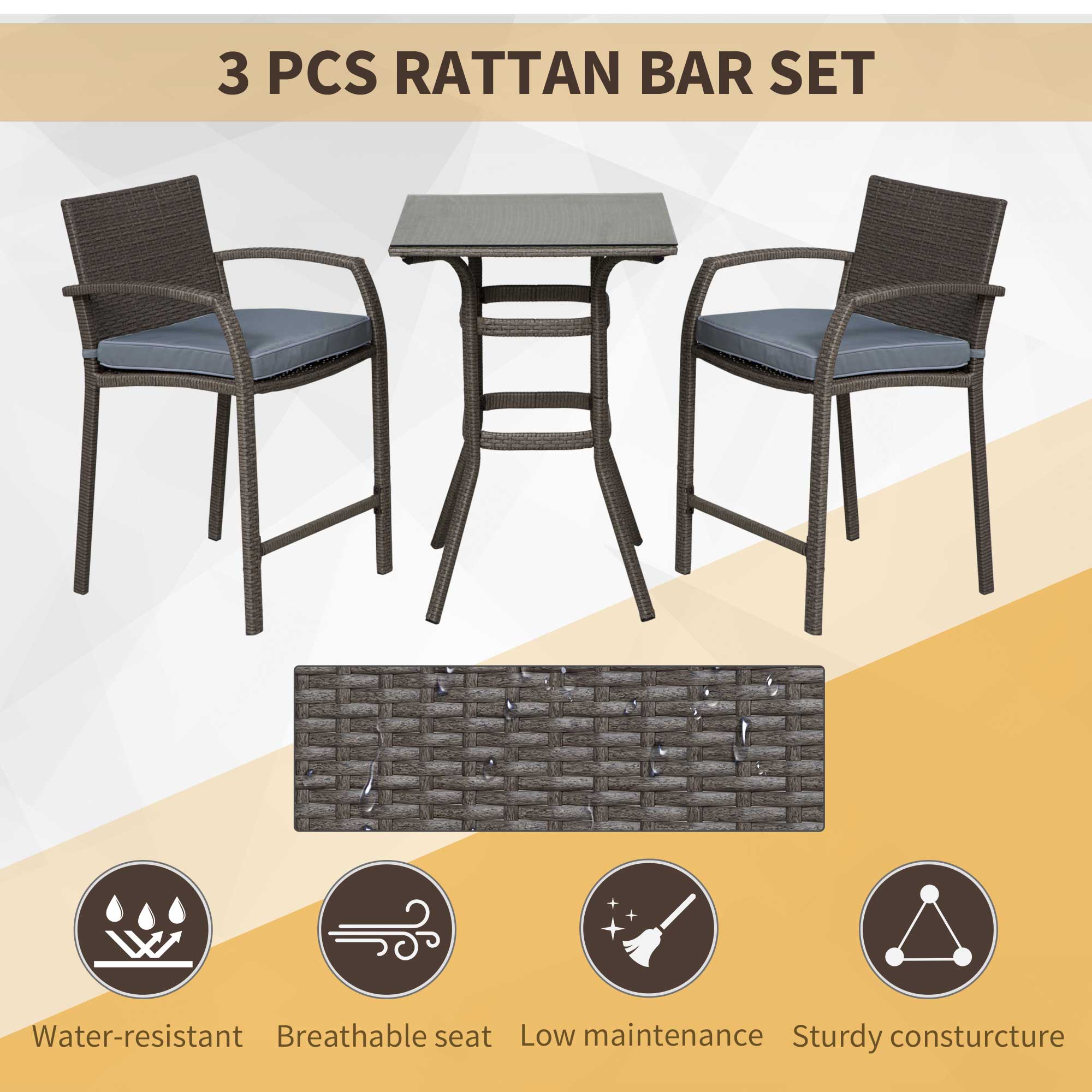 Patio Bar Set, 3-Piece Wicker Outdoor Furniture, Grey PE Rattan Table & Stools with Cushions-DECOROLALA