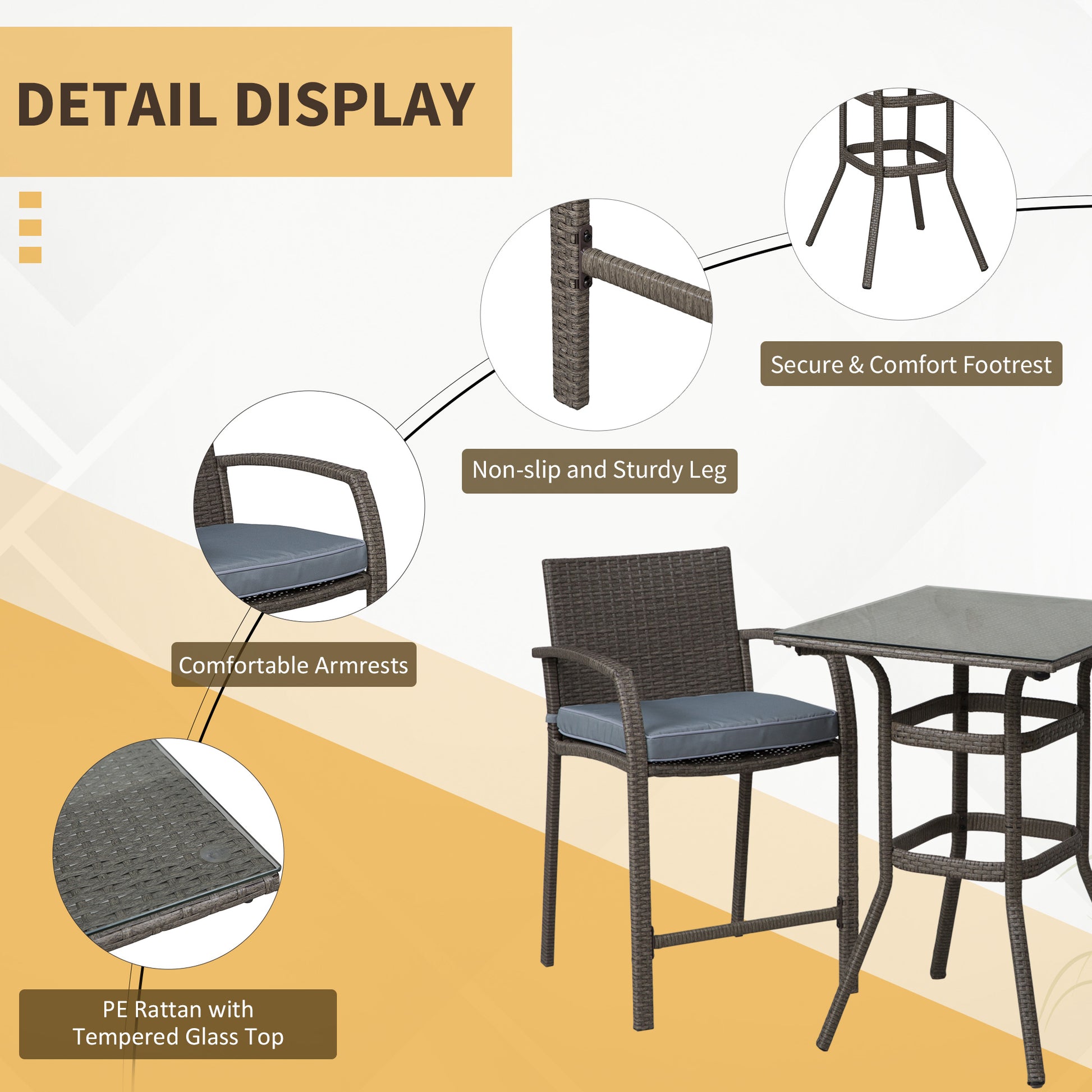 Patio Bar Set, 3-Piece Wicker Outdoor Furniture, Grey PE Rattan Table & Stools with Cushions-DECOROLALA