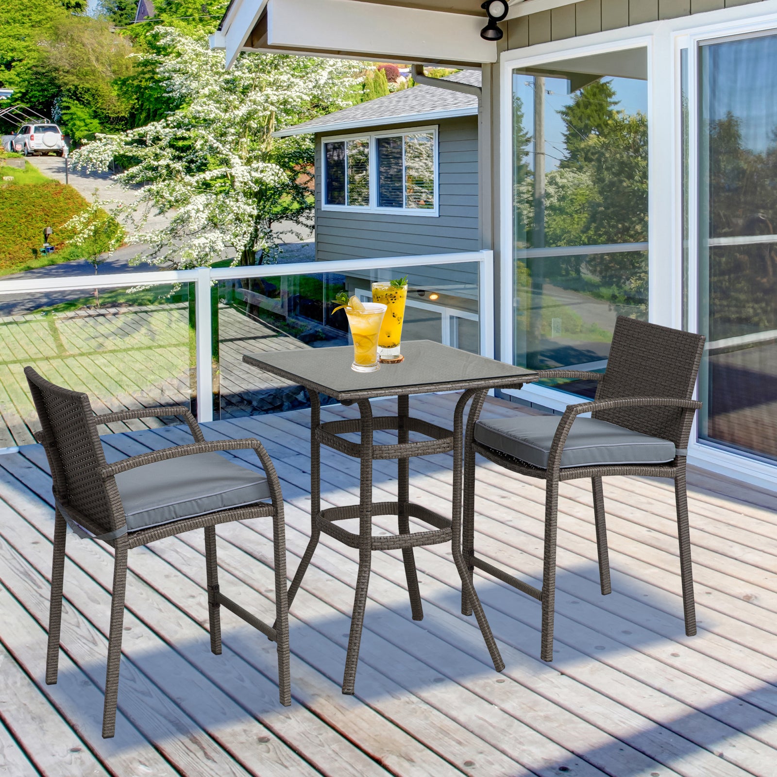 Patio Bar Set, 3-Piece Wicker Outdoor Furniture, Grey PE Rattan Table & Stools with Cushions-DECOROLALA