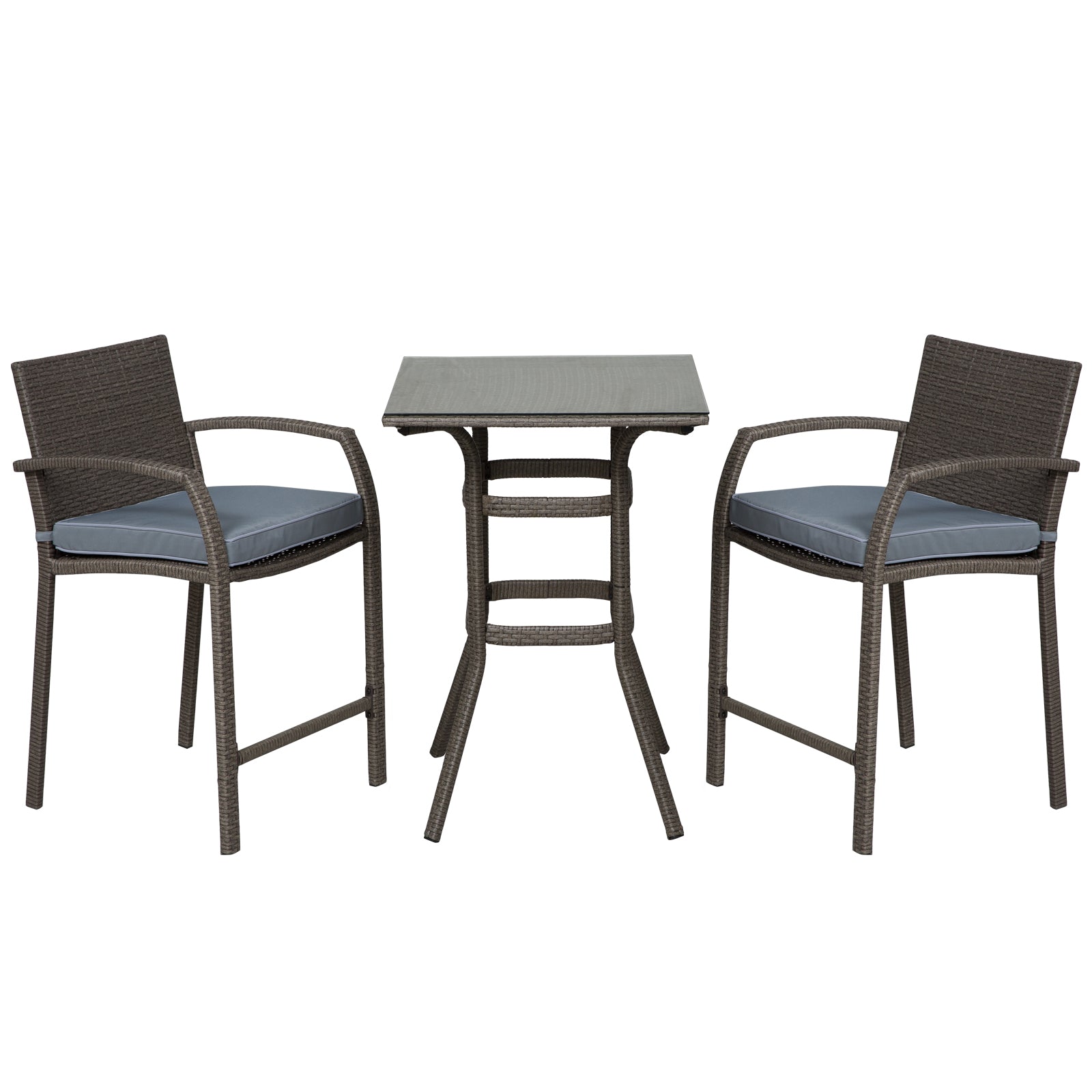 Patio Bar Set, 3-Piece Wicker Outdoor Furniture, Grey PE Rattan Table & Stools with Cushions-DECOROLALA