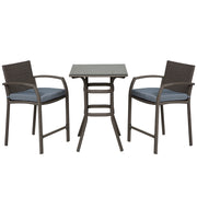 Patio Bar Set, 3-Piece Wicker Outdoor Furniture, Grey PE Rattan Table & Stools with Cushions-DECOROLALA