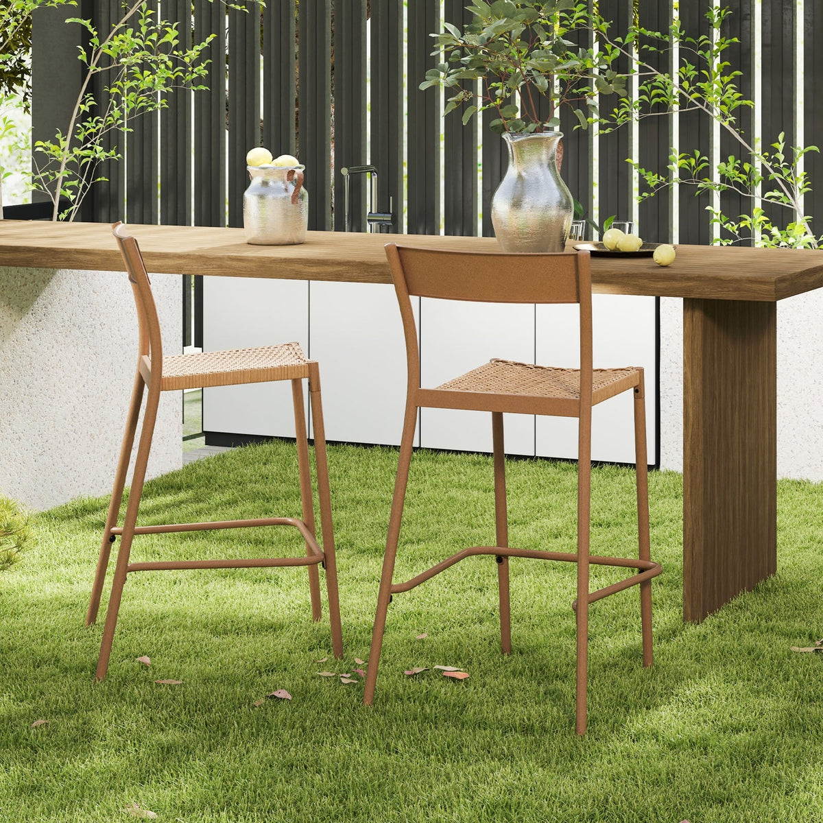 Patio Barstools Set of 2 with Rattan Seat and Metal Backrest-Light Brown-Patio Dining Chairs-DECOROLALA