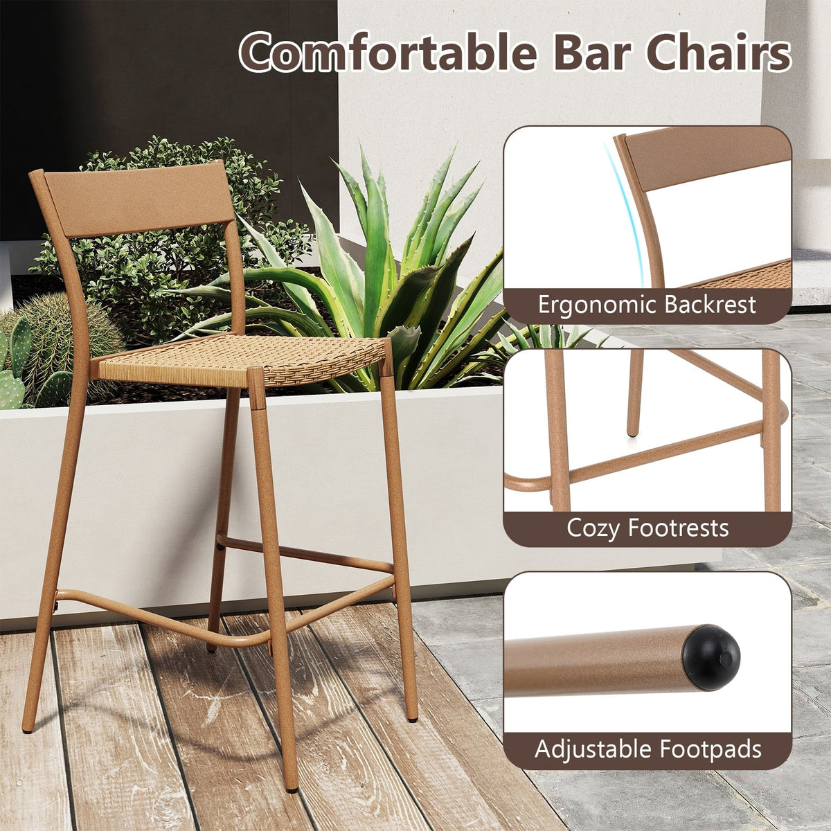 Patio Barstools Set of 2 with Rattan Seat and Metal Backrest-Light Brown-Patio Dining Chairs-DECOROLALA