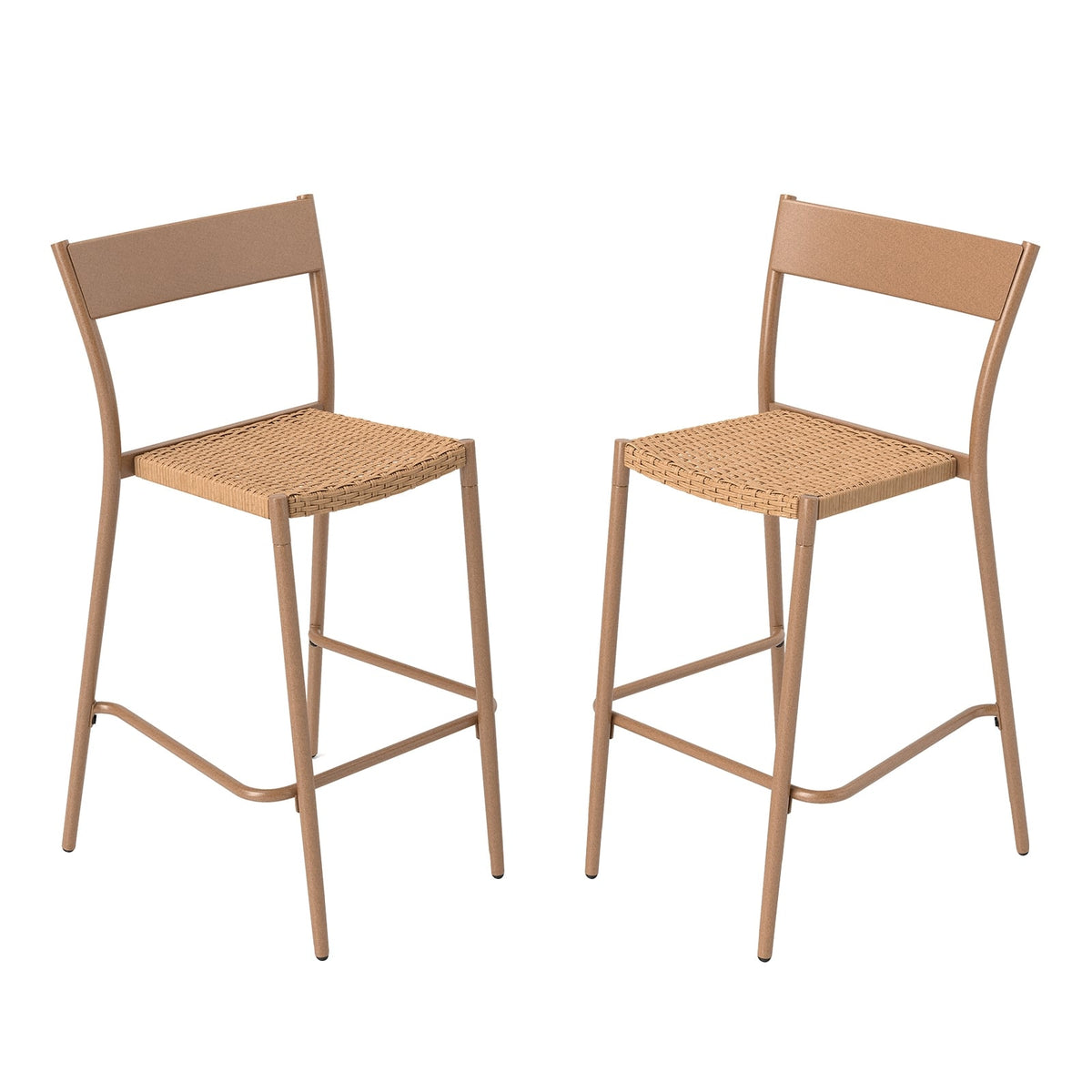 Patio Barstools Set of 2 with Rattan Seat and Metal Backrest-Light Brown-Patio Dining Chairs-DECOROLALA