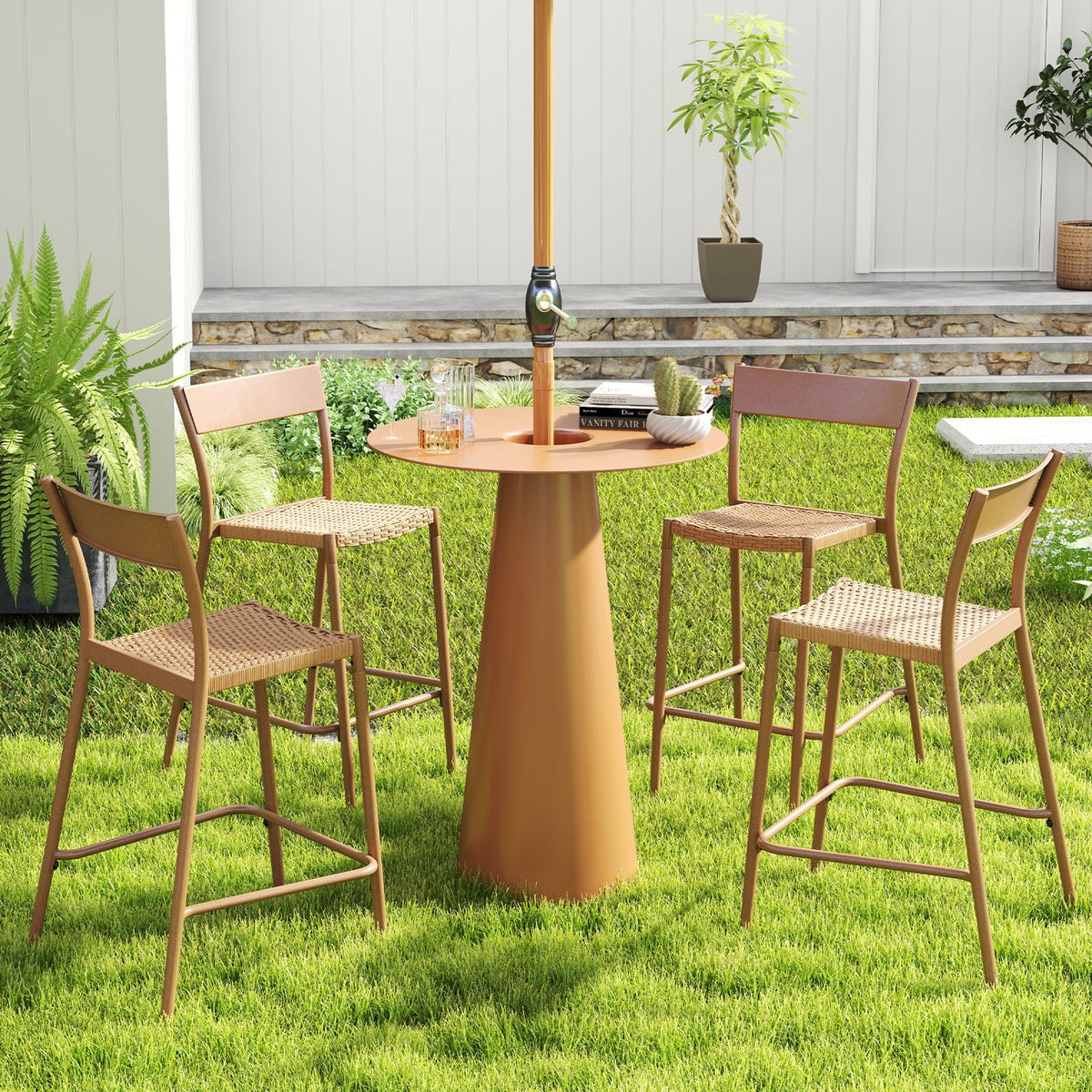 Patio Barstools Set of 4 with Rattan Seat and Metal Backrest-Light Brown-Patio Dining Chairs-DECOROLALA