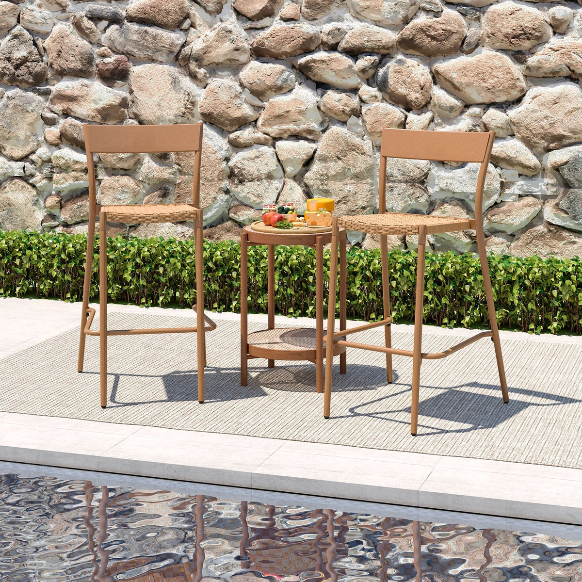 Patio Barstools Set of 4 with Rattan Seat and Metal Backrest-Light Brown-Patio Dining Chairs-DECOROLALA