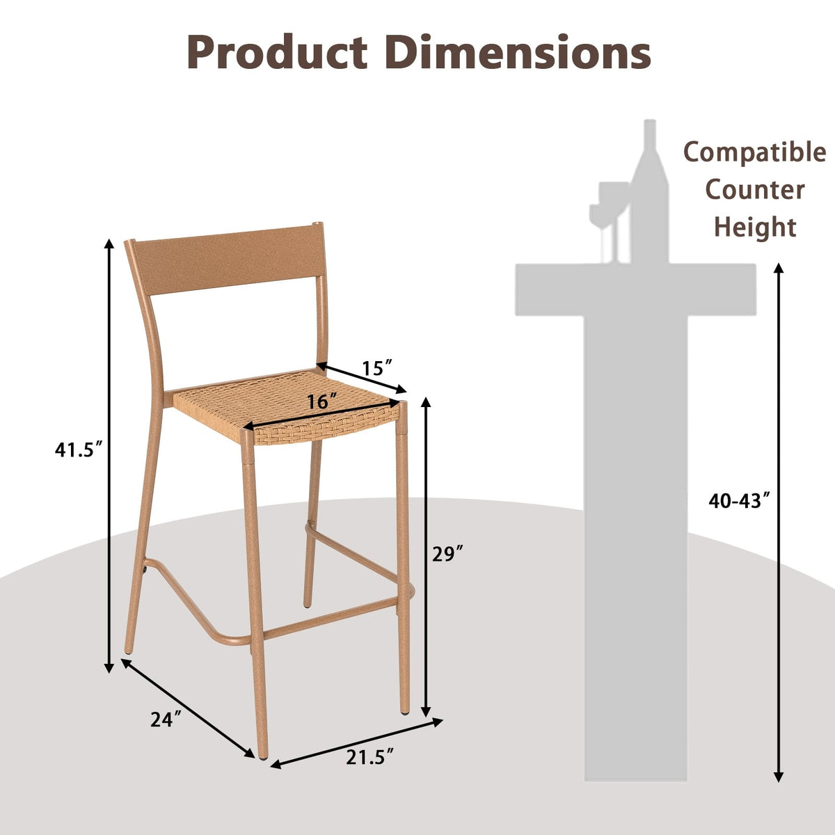 Patio Barstools Set of 4 with Rattan Seat and Metal Backrest-Light Brown-Patio Dining Chairs-DECOROLALA
