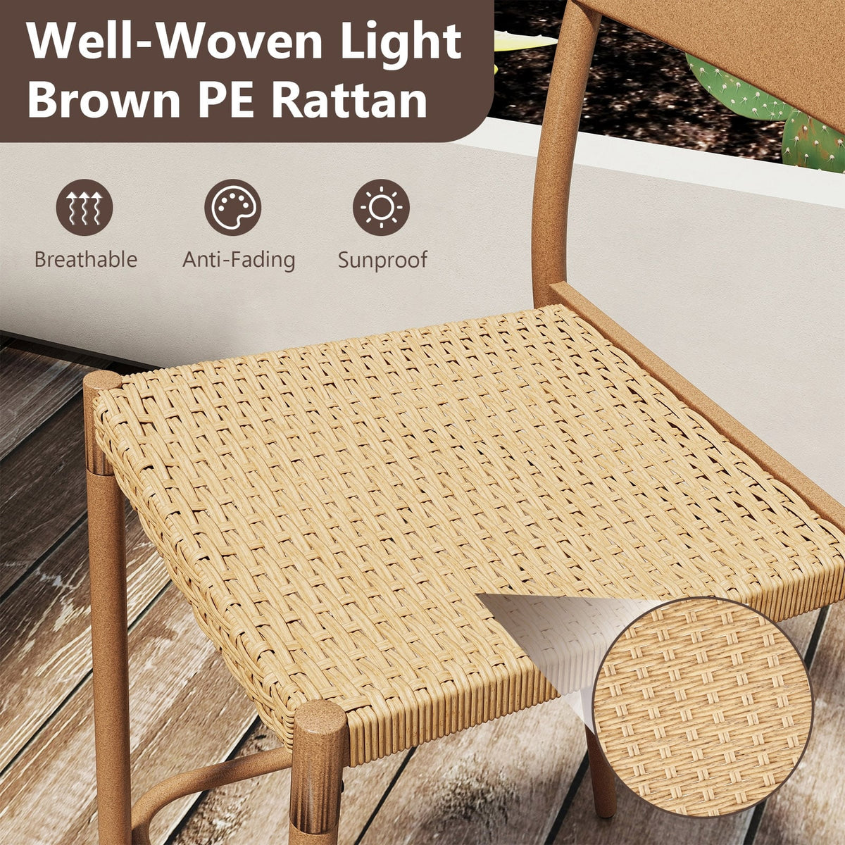 Patio Barstools Set of 4 with Rattan Seat and Metal Backrest-Light Brown-Patio Dining Chairs-DECOROLALA