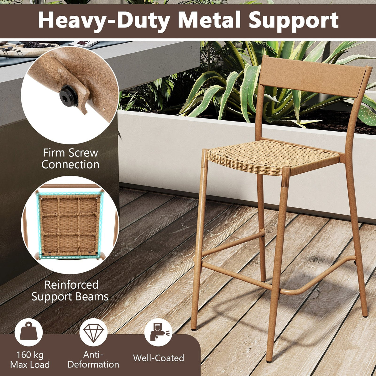 Patio Barstools Set of 4 with Rattan Seat and Metal Backrest-Light Brown-Patio Dining Chairs-DECOROLALA