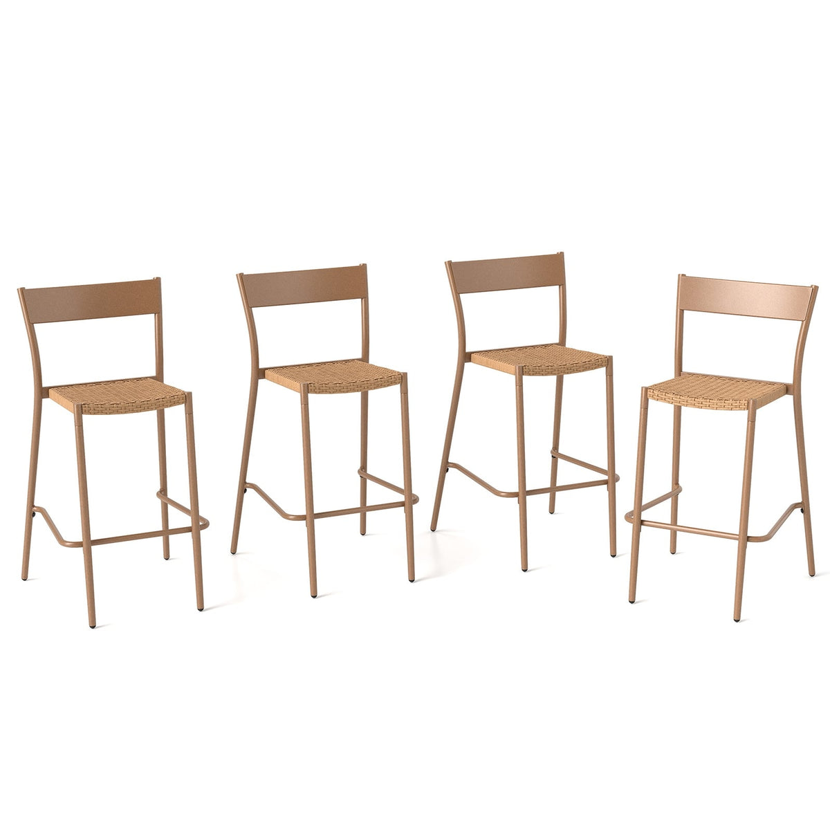 Patio Barstools Set of 4 with Rattan Seat and Metal Backrest-Light Brown-Patio Dining Chairs-DECOROLALA