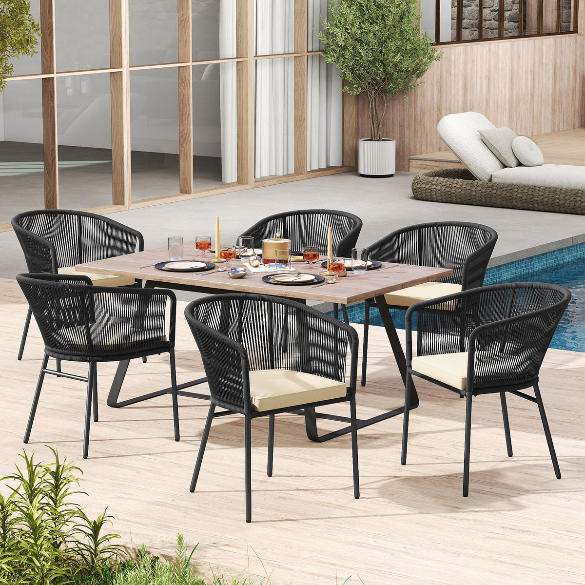 Patio Chairs Set of 4 with Seat Cushion and Curved Backrest for Patio-Black-Patio Dining Chairs-DECOROLALA