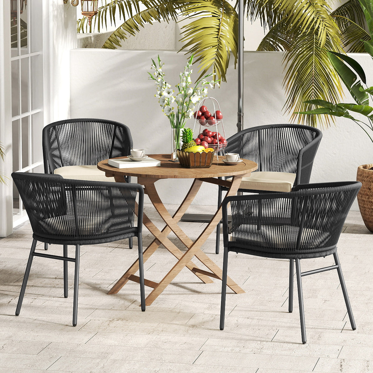 Patio Chairs Set of 4 with Seat Cushion and Curved Backrest for Patio-Black-Patio Dining Chairs-DECOROLALA