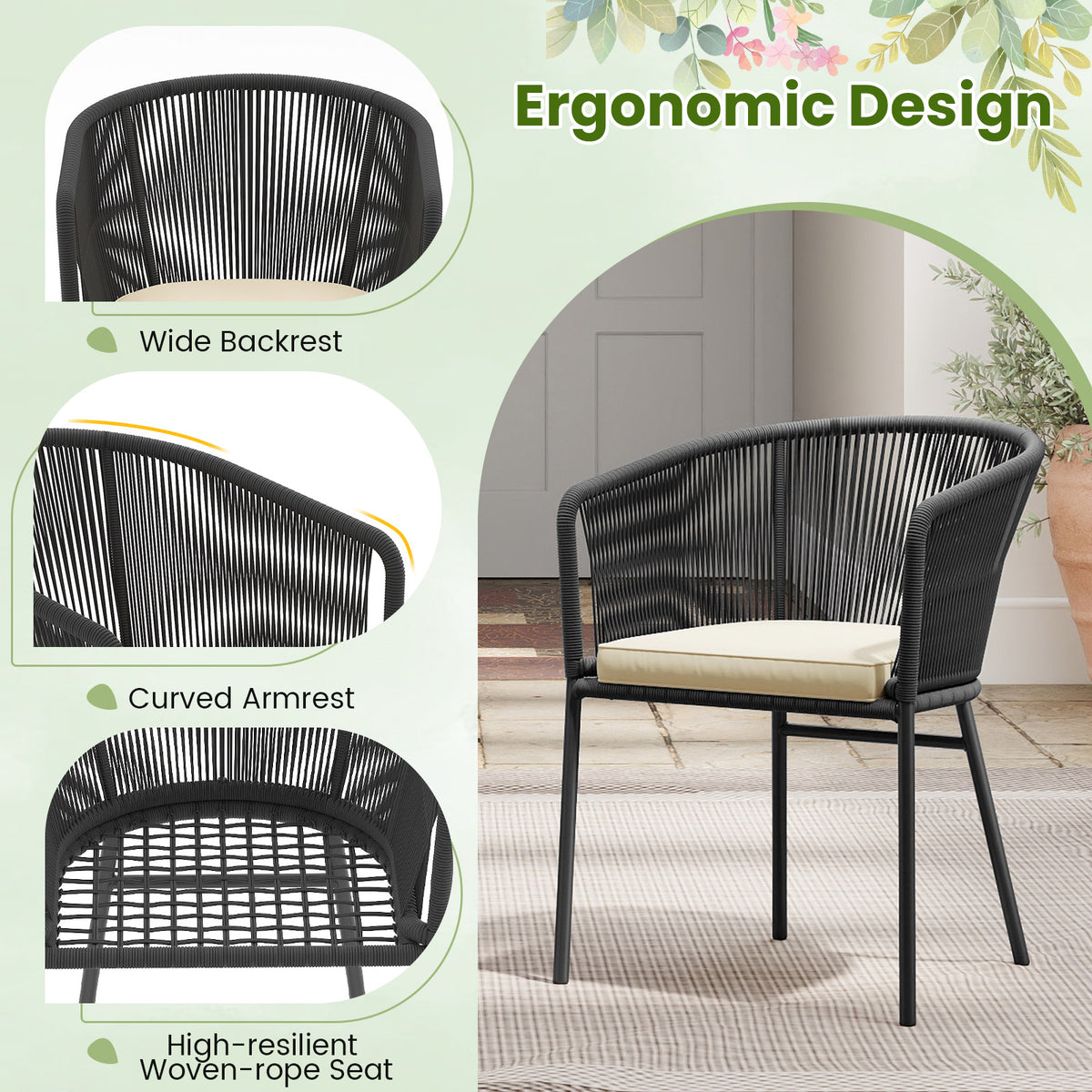 Patio Chairs Set of 4 with Seat Cushion and Curved Backrest for Patio-Black-Patio Dining Chairs-DECOROLALA