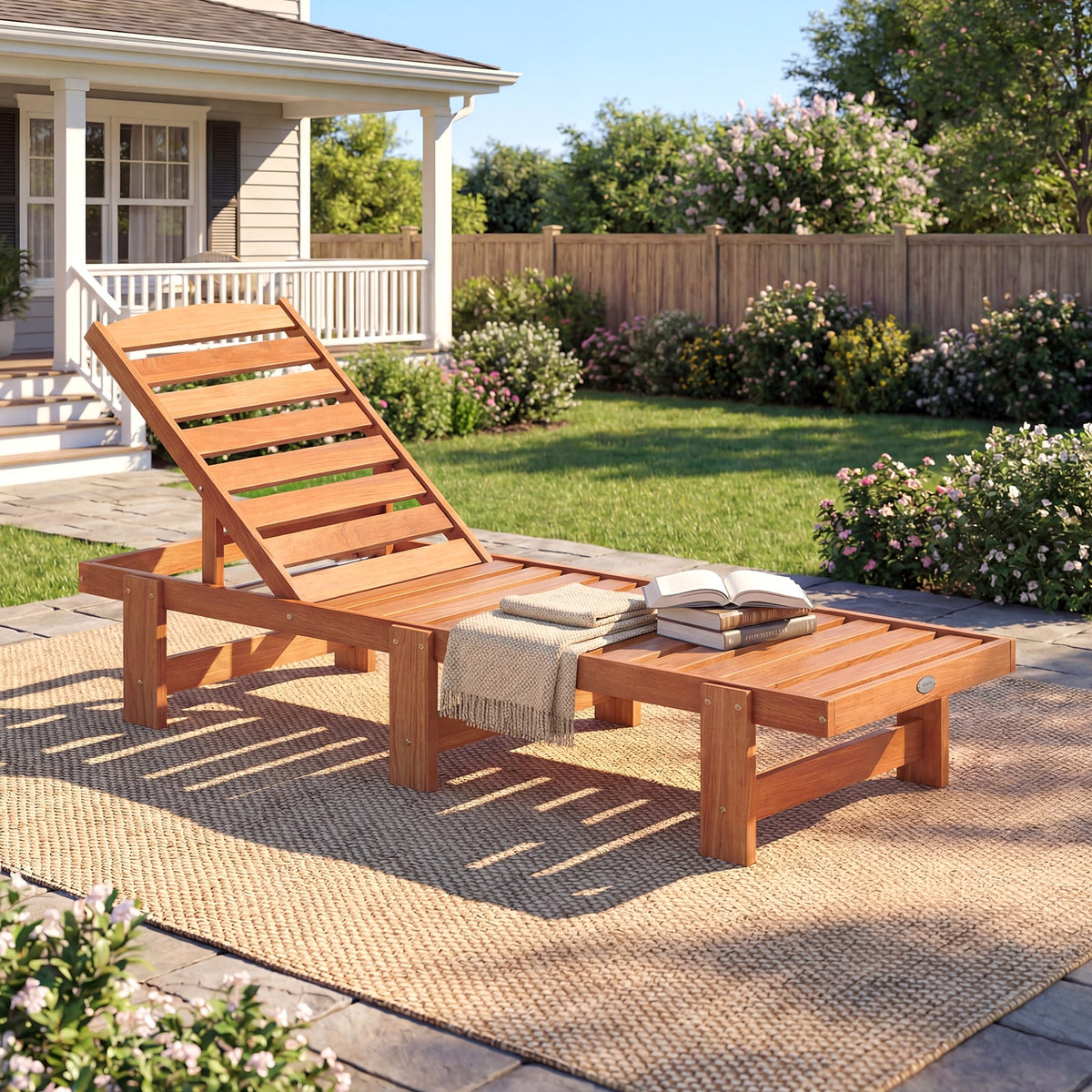 Patio Chaise Lounge Chair Solid Wood Slatted Recliner with Adjustable Backrest-1 Piece-Outdoor Chaise Lounges-DECOROLALA