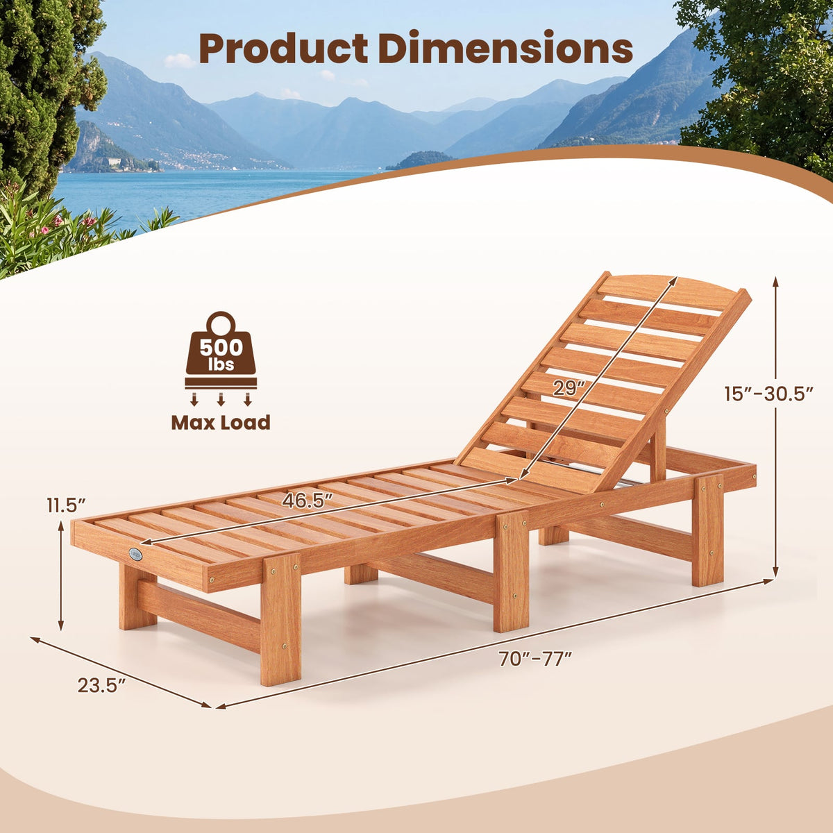 Patio Chaise Lounge Chair Solid Wood Slatted Recliner with Adjustable Backrest-1 Piece-Outdoor Chaise Lounges-DECOROLALA