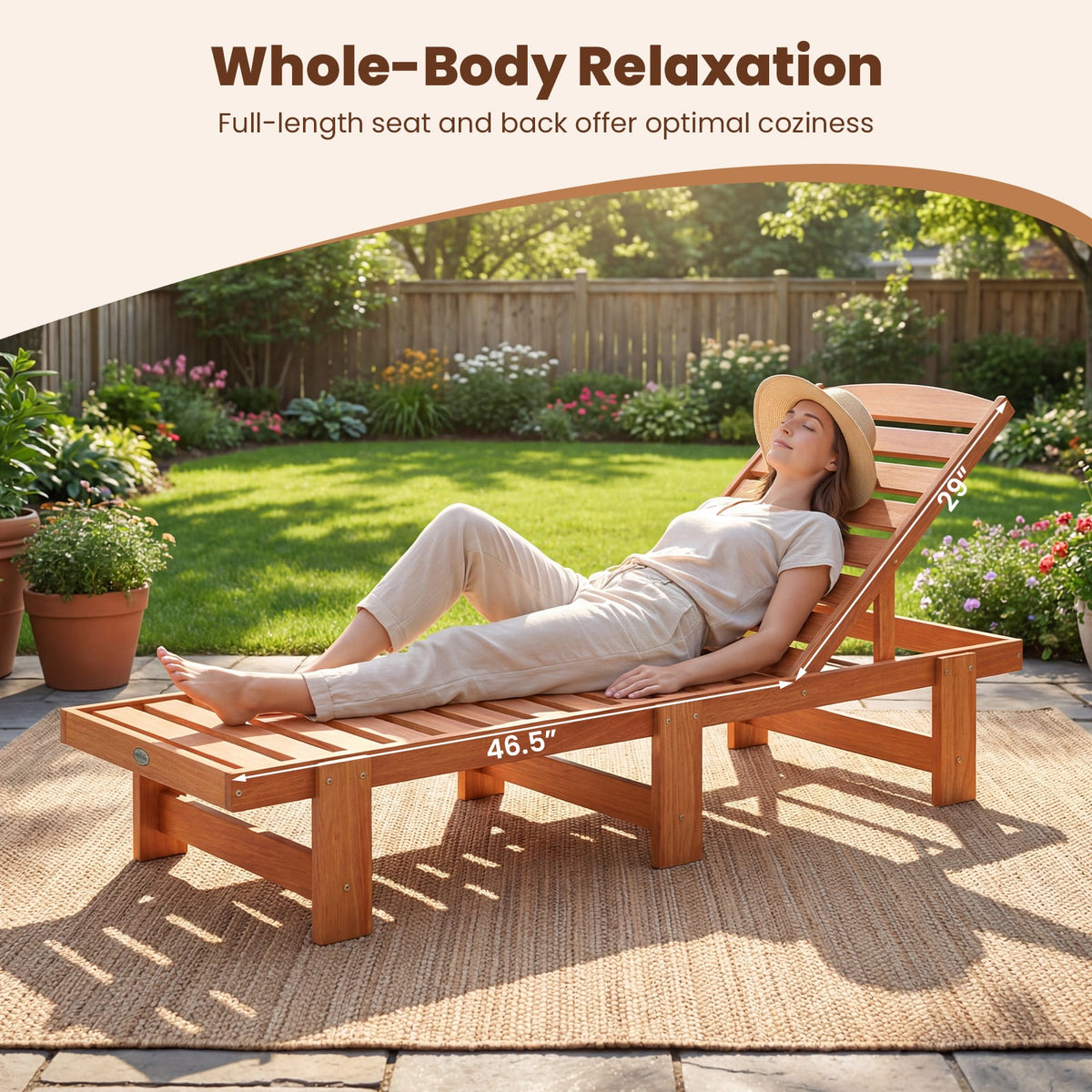 Patio Chaise Lounge Chair Solid Wood Slatted Recliner with Adjustable Backrest-1 Piece-Outdoor Chaise Lounges-DECOROLALA
