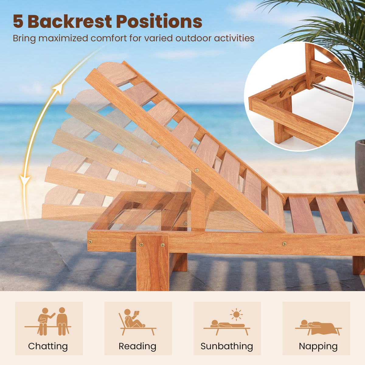 Patio Chaise Lounge Chair Solid Wood Slatted Recliner with Adjustable Backrest-1 Piece-Outdoor Chaise Lounges-DECOROLALA