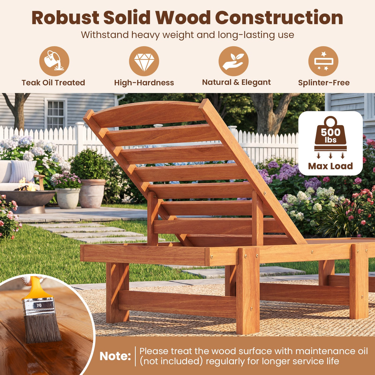 Patio Chaise Lounge Chair Solid Wood Slatted Recliner with Adjustable Backrest-1 Piece-Outdoor Chaise Lounges-DECOROLALA