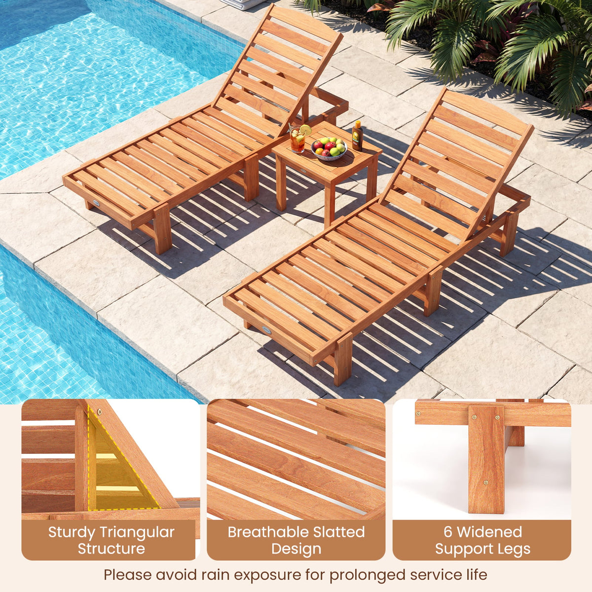 Patio Chaise Lounge Chair Solid Wood Slatted Recliner with Adjustable Backrest-1 Piece-Outdoor Chaise Lounges-DECOROLALA