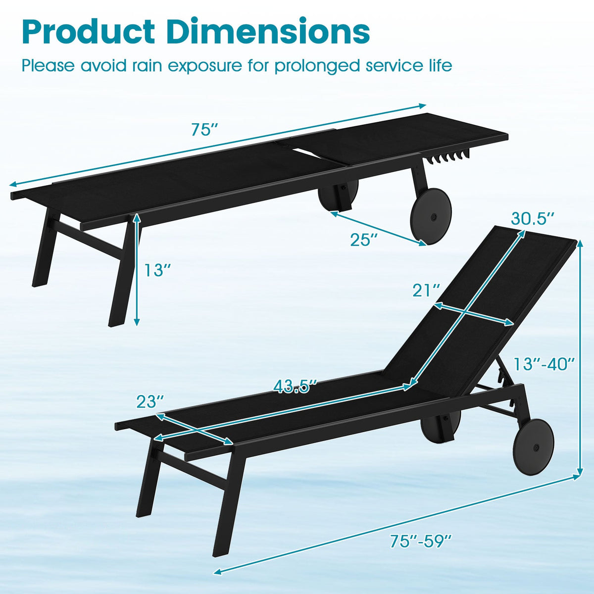 Patio Chaise Lounge Chair with Wheels and 6-Level Adjustable Backrest Set of 1-Outdoor Chaise Lounges-DECOROLALA