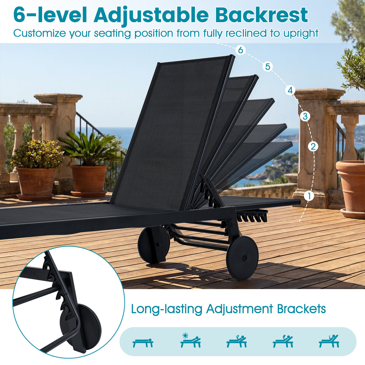 Patio Chaise Lounge Chair with Wheels and 6-Level Adjustable Backrest Set of 1-Outdoor Chaise Lounges-DECOROLALA