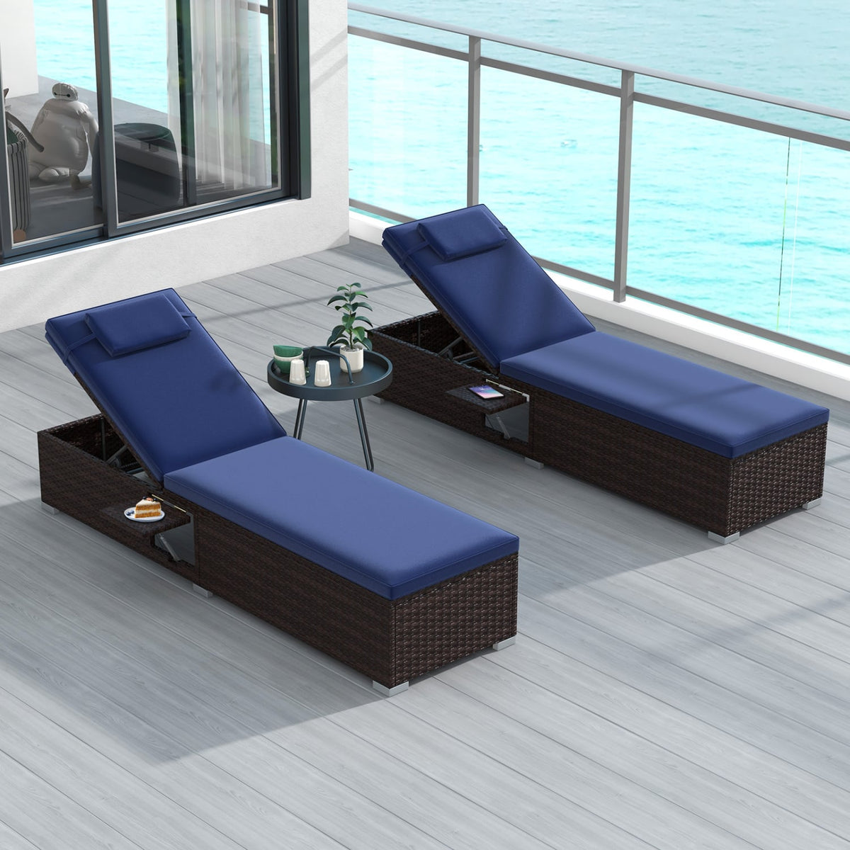 Patio Chaise Lounge Set of 2 with Backrest Seat Cushion and Headrest-Navy-Outdoor Chaise Lounges-DECOROLALA
