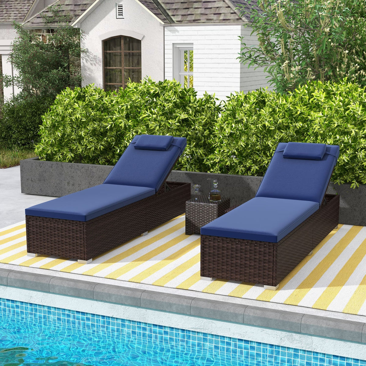 Patio Chaise Lounge Set of 2 with Backrest Seat Cushion and Headrest-Navy-Outdoor Chaise Lounges-DECOROLALA