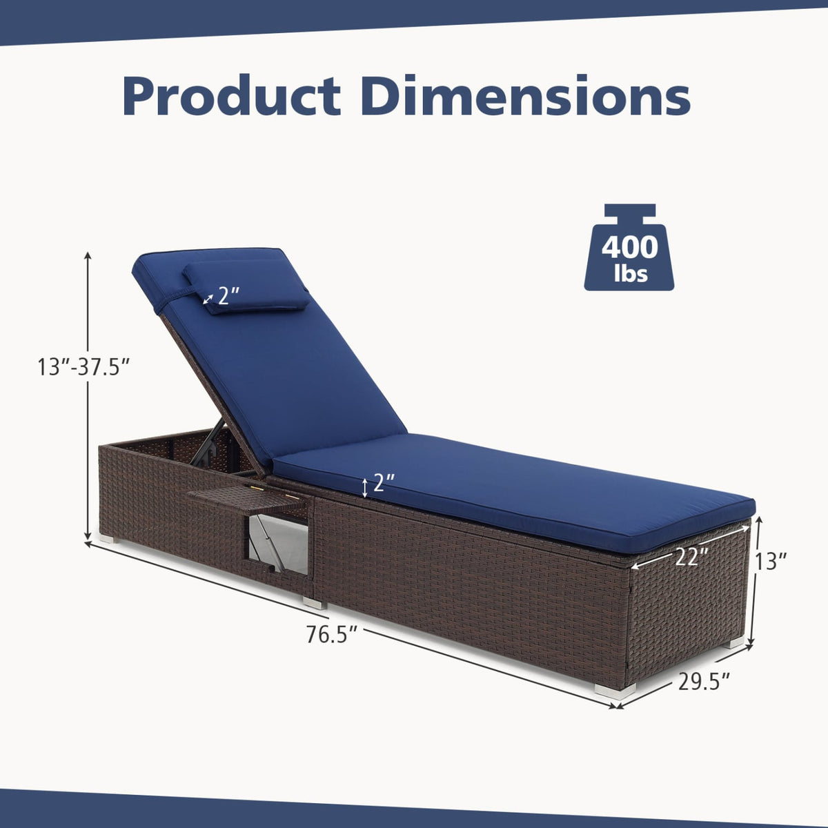 Patio Chaise Lounge Set of 2 with Backrest Seat Cushion and Headrest-Navy-Outdoor Chaise Lounges-DECOROLALA