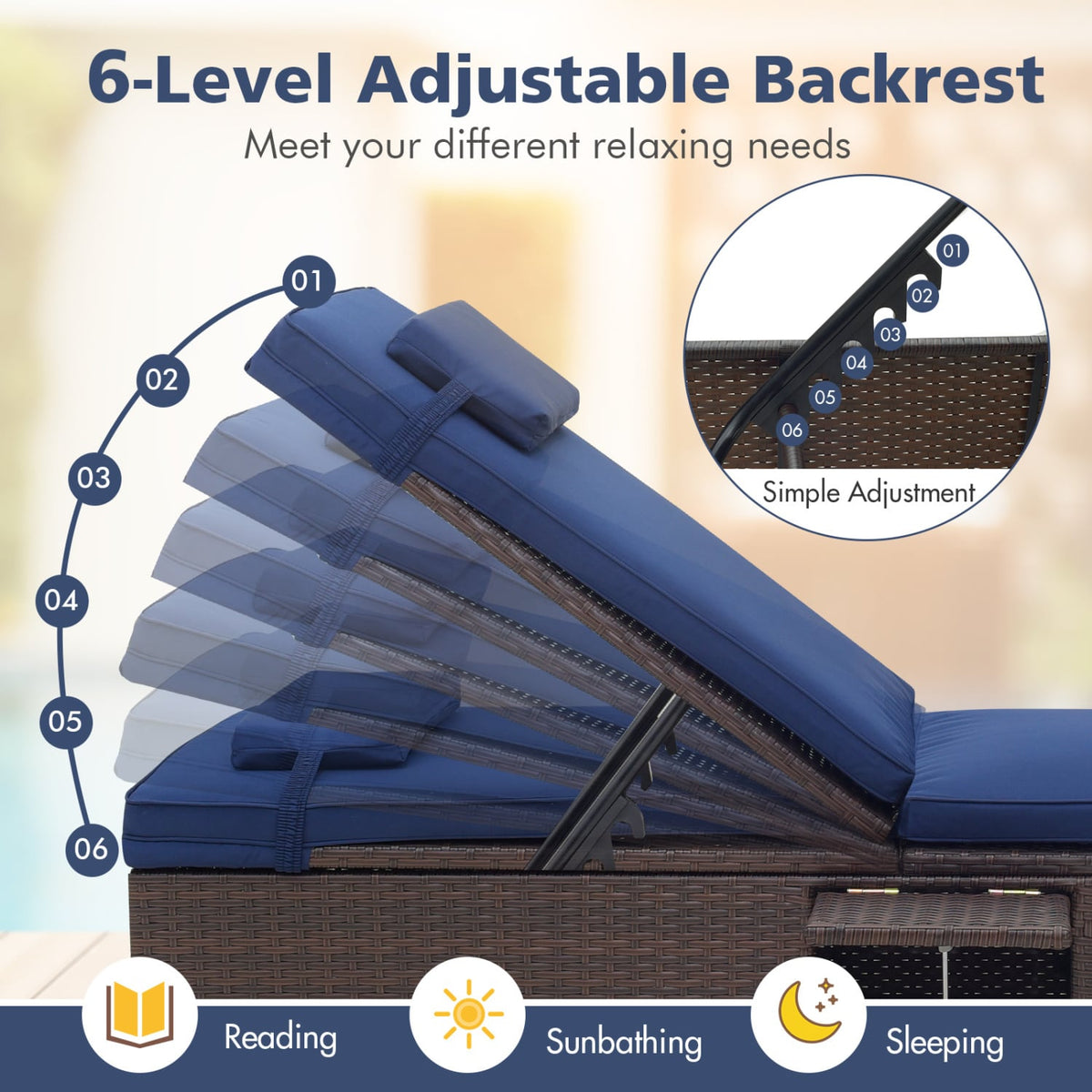 Patio Chaise Lounge Set of 2 with Backrest Seat Cushion and Headrest-Navy-Outdoor Chaise Lounges-DECOROLALA