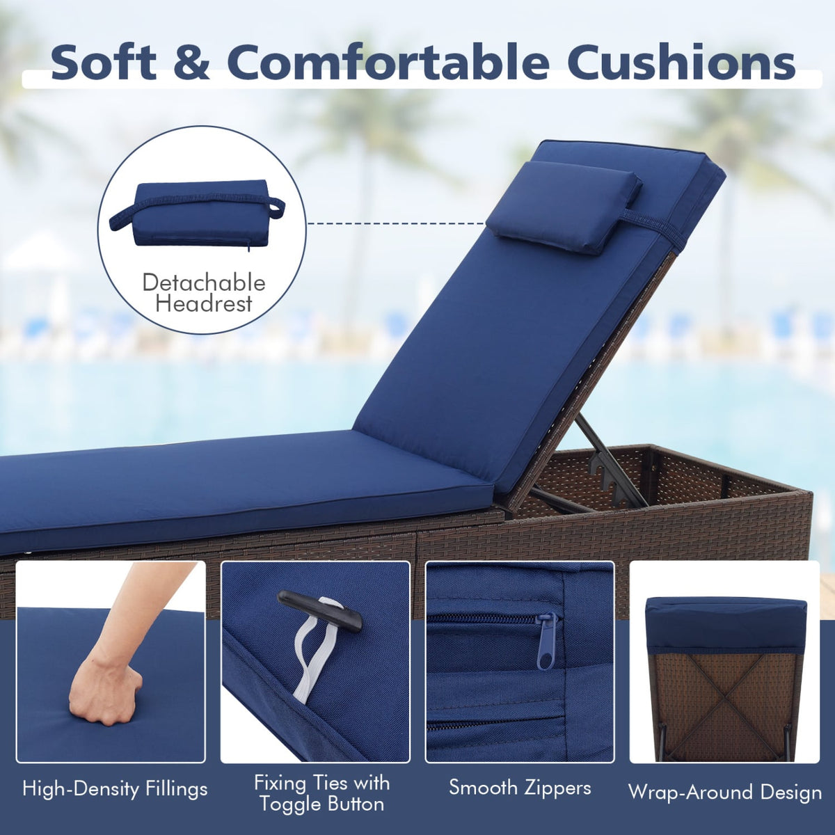 Patio Chaise Lounge Set of 2 with Backrest Seat Cushion and Headrest-Navy-Outdoor Chaise Lounges-DECOROLALA
