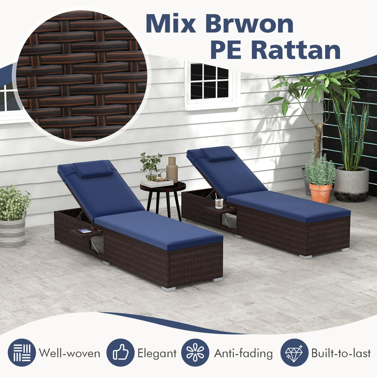 Patio Chaise Lounge Set of 2 with Backrest Seat Cushion and Headrest-Navy-Outdoor Chaise Lounges-DECOROLALA