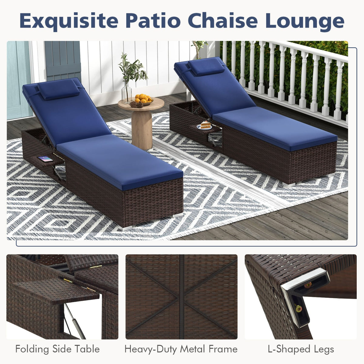 Patio Chaise Lounge Set of 2 with Backrest Seat Cushion and Headrest-Navy-Outdoor Chaise Lounges-DECOROLALA