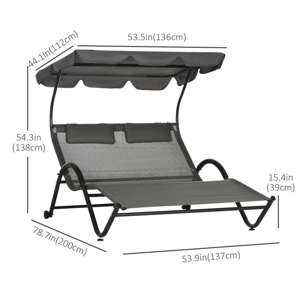 Patio Chaise Lounger, Dark Gray, Sunshade, Mesh, 2-Person, Wheels-Outdoor Chaise Lounges-DECOROLALA