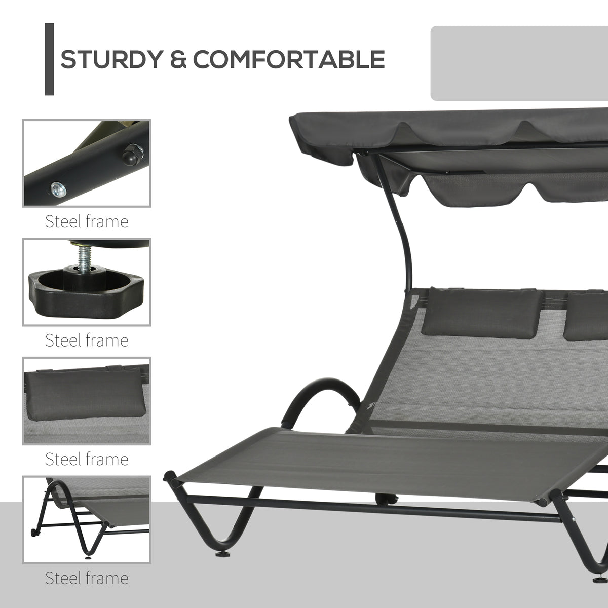 Patio Chaise Lounger, Dark Gray, Sunshade, Mesh, 2-Person, Wheels-Outdoor Chaise Lounges-DECOROLALA