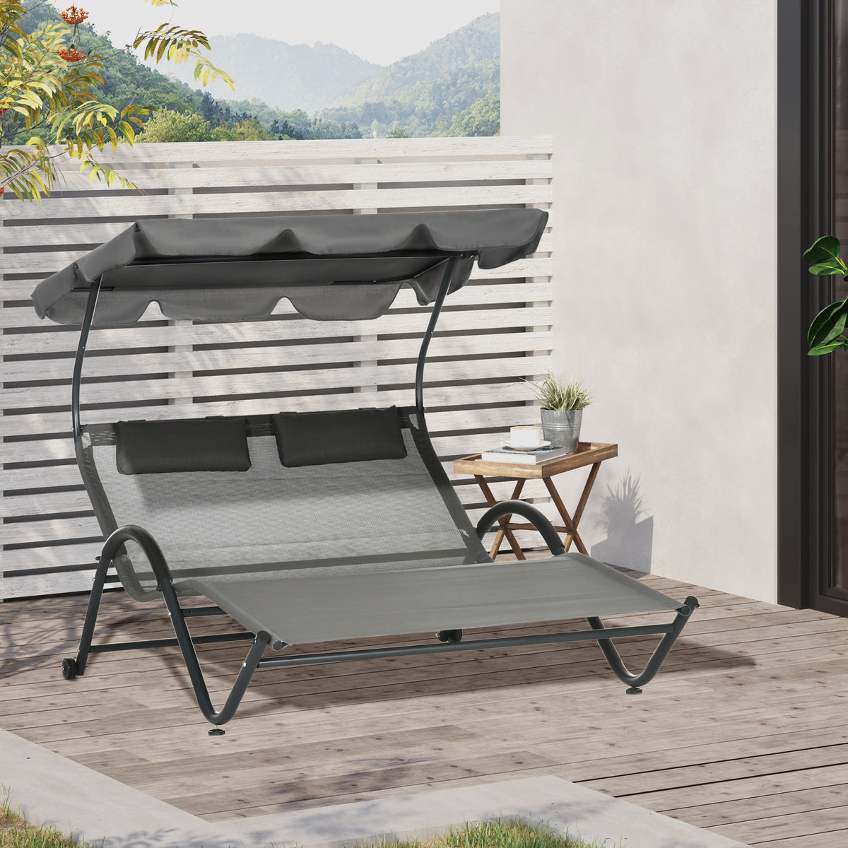 Patio Chaise Lounger, Dark Gray, Sunshade, Mesh, 2-Person, Wheels-Outdoor Chaise Lounges-DECOROLALA