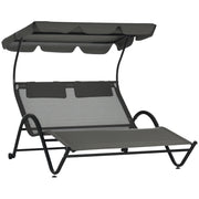 Patio Chaise Lounger, Dark Gray, Sunshade, Mesh, 2-Person, Wheels-Outdoor Chaise Lounges-DECOROLALA