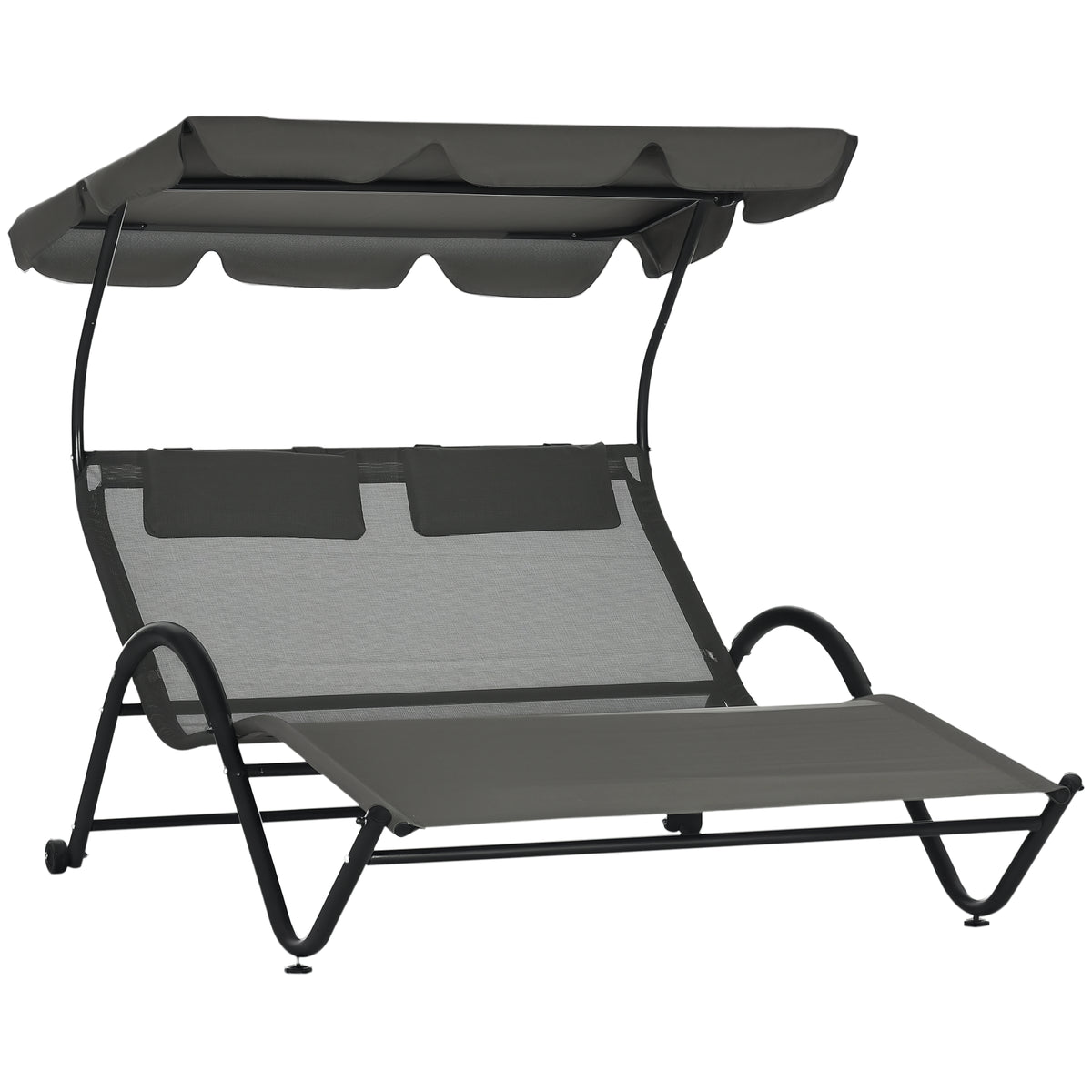 Patio Chaise Lounger, Dark Gray, Sunshade, Mesh, 2-Person, Wheels-Outdoor Chaise Lounges-DECOROLALA