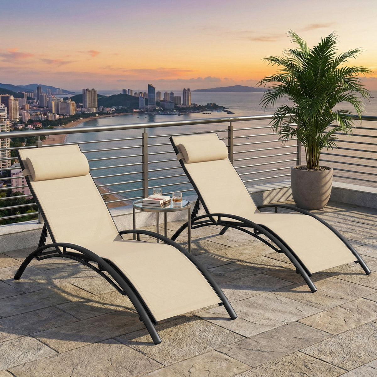 Patio Chaise Lounges Set of 2 Outdoor Recliner with 5-Position Backrest-Beige-Outdoor Chaise Lounges-DECOROLALA