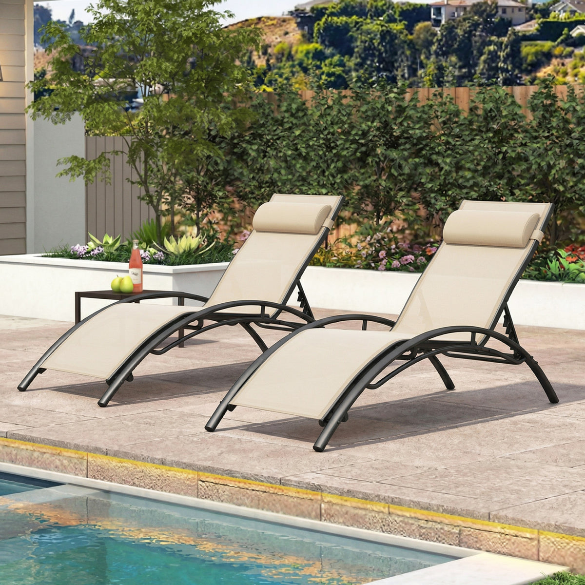 Patio Chaise Lounges Set of 2 Outdoor Recliner with 5-Position Backrest-Beige-Outdoor Chaise Lounges-DECOROLALA